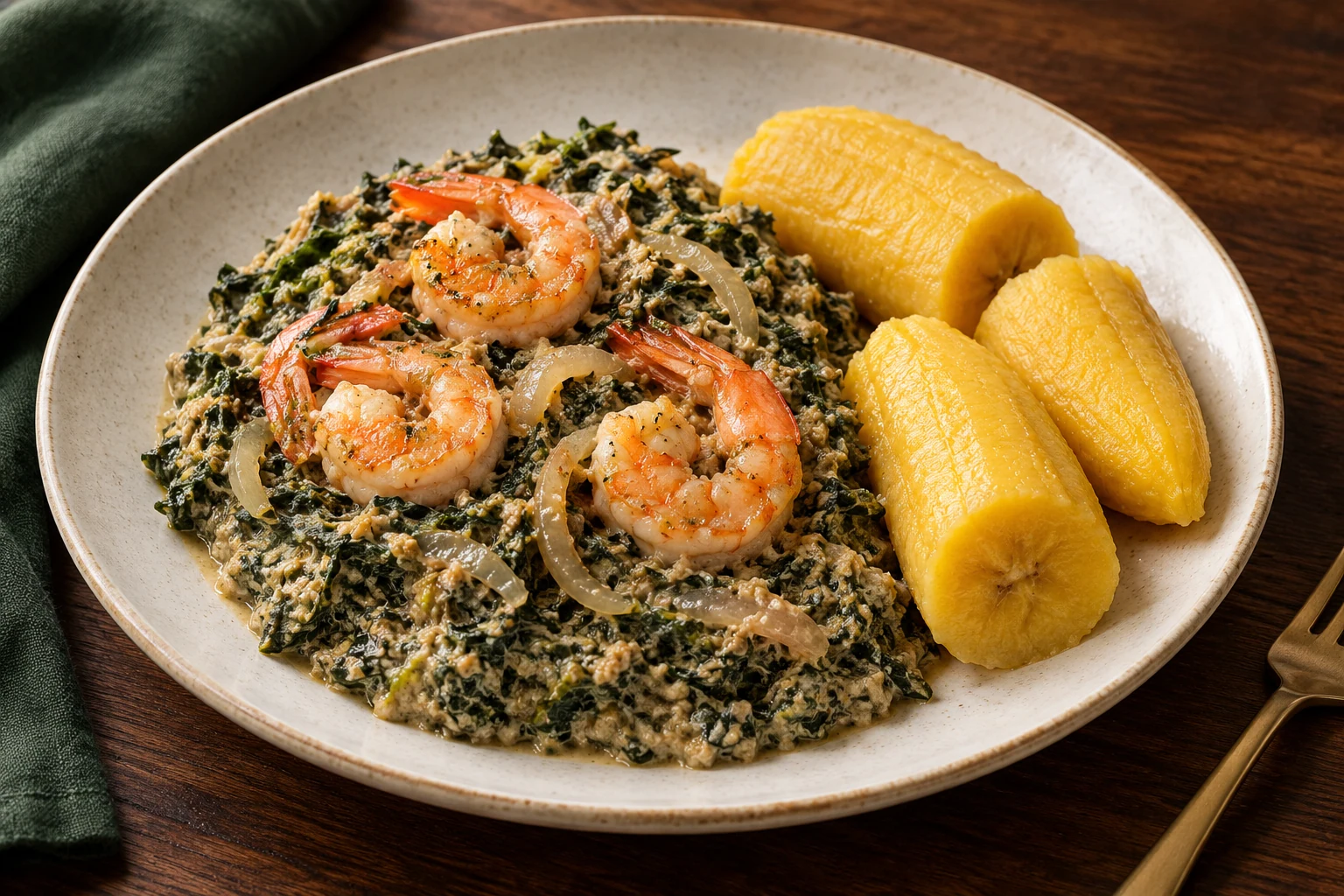 Illustration of Ndolé with shrimp and boiled plantain.