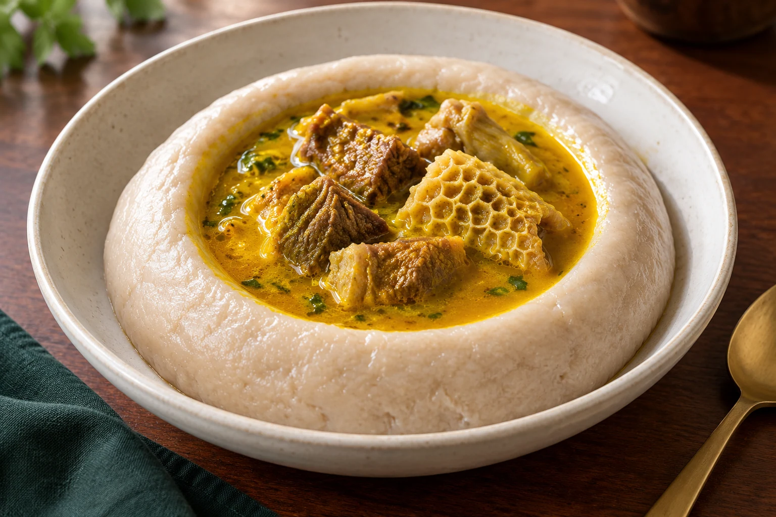 Illustration of a cocoyam ring filled with yellow soup and meat.