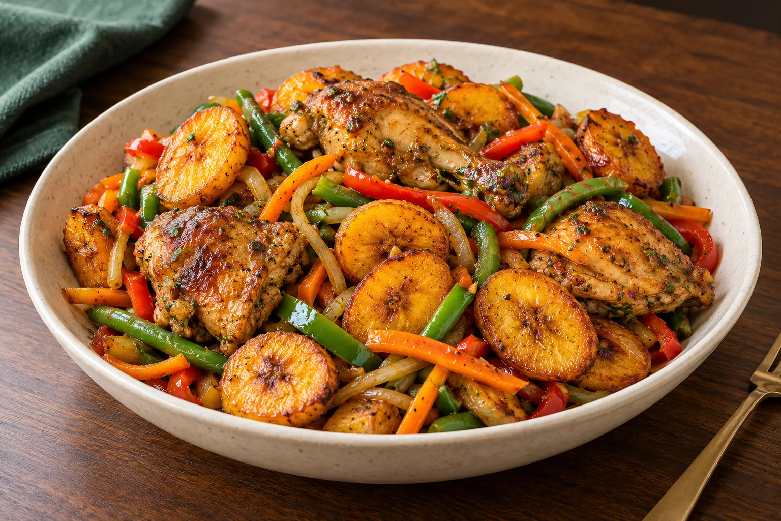 Illustration of chicken, plantain, peppers, carrots and green beans.