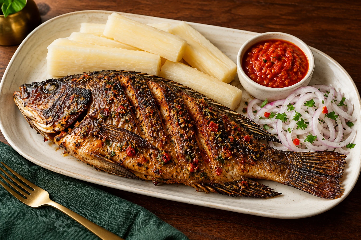 Illustration of a whole grilled fish with cassava and pepper sauce.