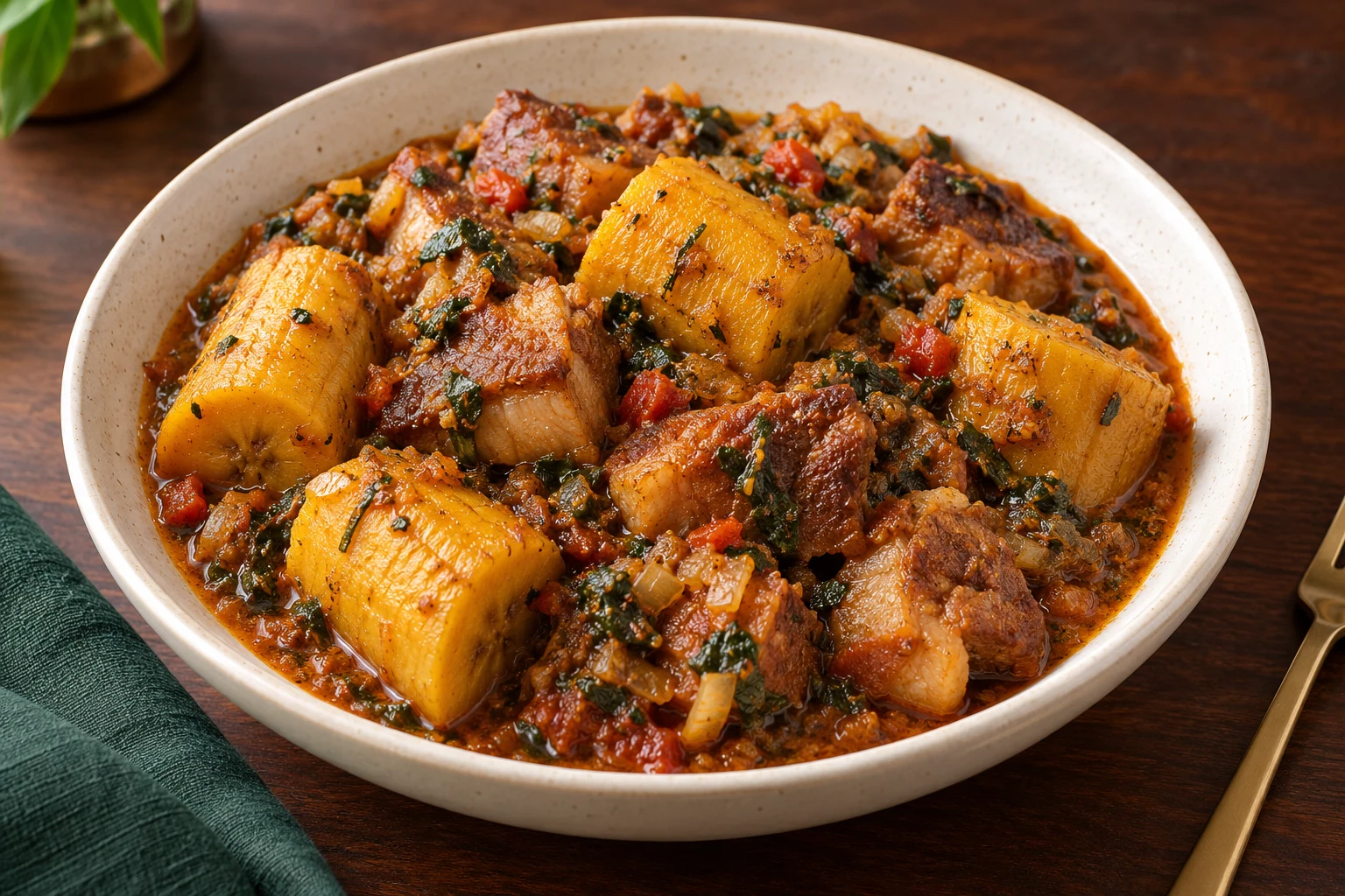 Illustration of chunky plantain and pork in Kondré sauce.