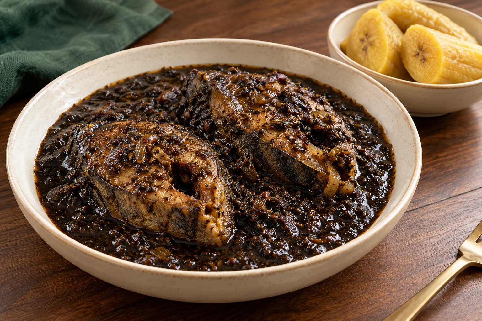 Illustration of fish steaks in dark Mbongo sauce with plantain.