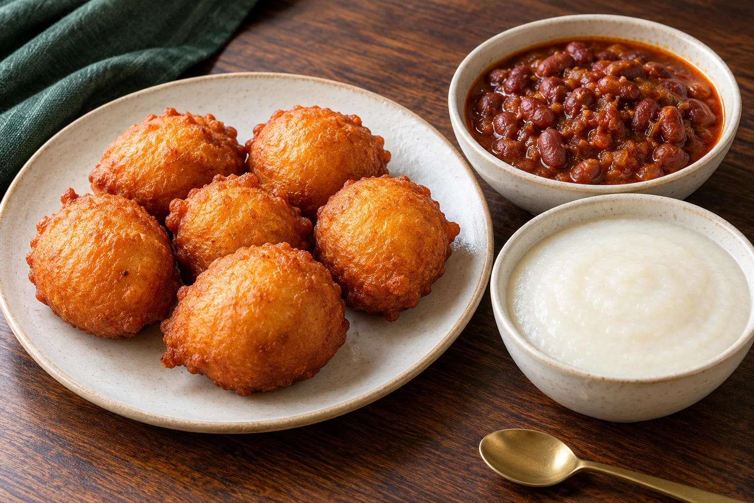 Illustration of beignets, red beans and pale corn porridge.