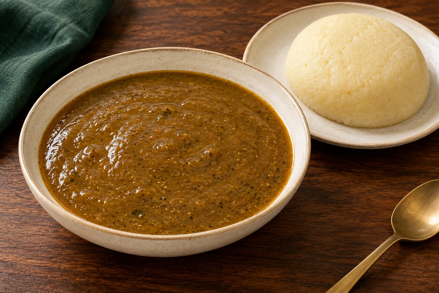 Illustration of brown Nkui sauce beside pale corn fufu.